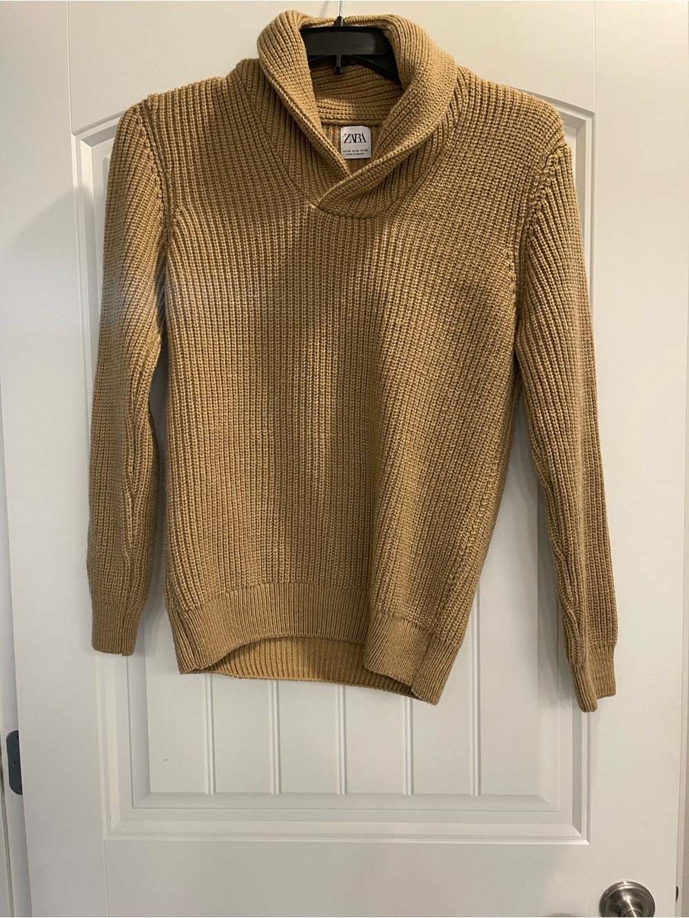 ZARA Ribbed Knit Long Sleeve Sweater Collared Shawl Collar Camel Brown Medium